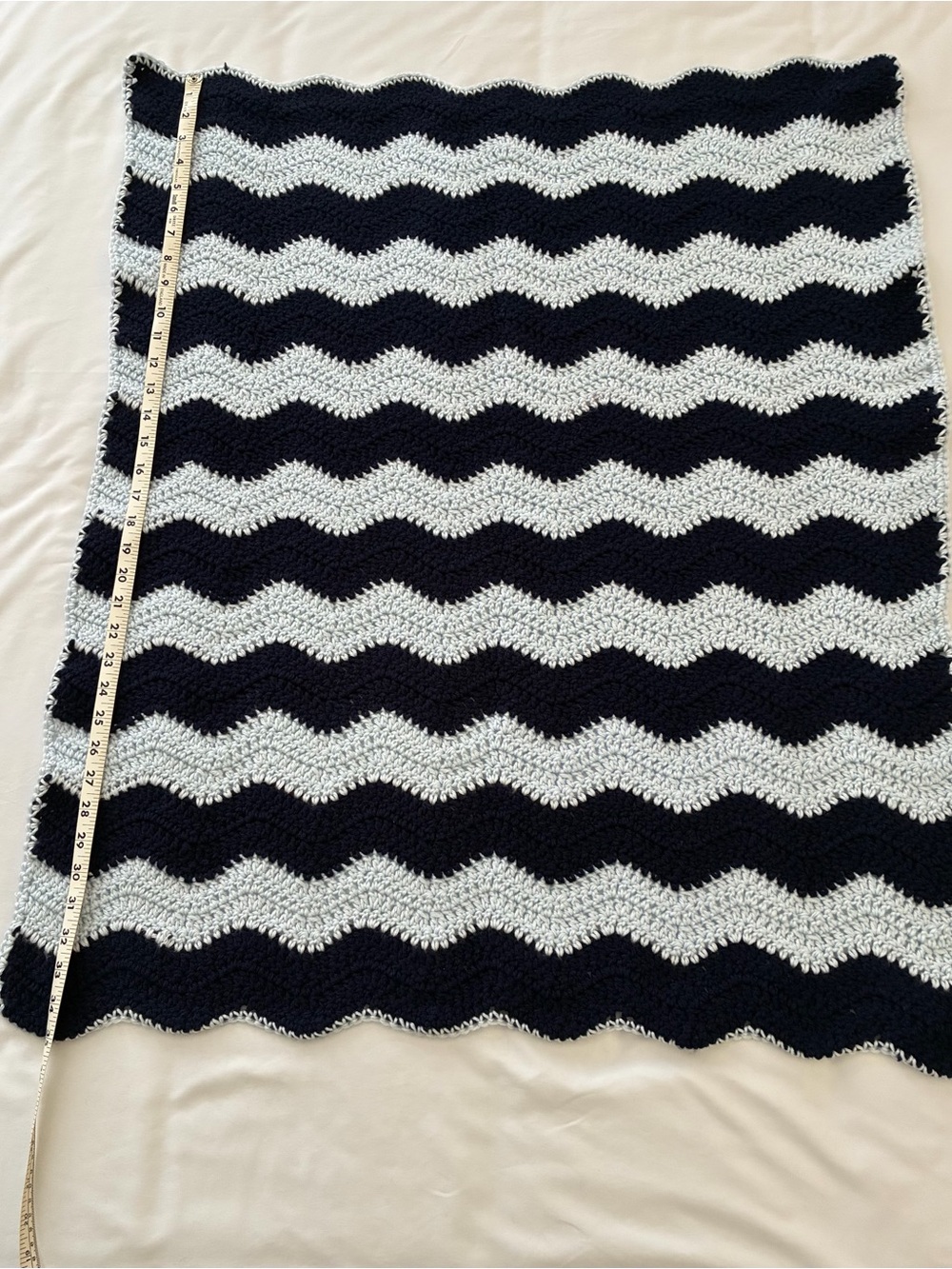 Handmade Crochet Ripple Baby Blanket – Navy and Gray Chevron Afghan 35" x 30" - Picture 4 of 5